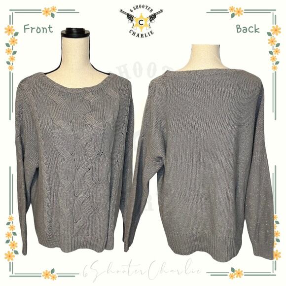 Liz Claiborne Sweater Size XL Gray Glitter Sparkle Metallic Threads Hi-Lo Cable - Picture 1 of 6